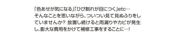 「色あせが気になる」「ひび割れが目につく」etc…そんなことを思いながら、ついつい見て見ぬふりをしていませんか？